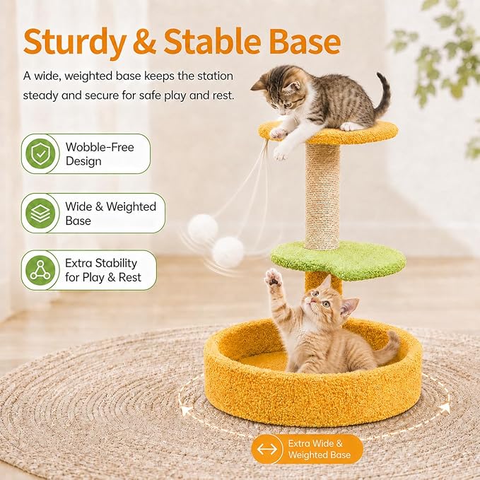 3-Level Small Cat Scratching Post with Cat Bed, 17.71" Cat Tree for Kittens, Sisal Scratcher with Hanging Ball, 15.74" Stable Base, Easy to Assemble for Indoor Cats Play, Furniture Protection