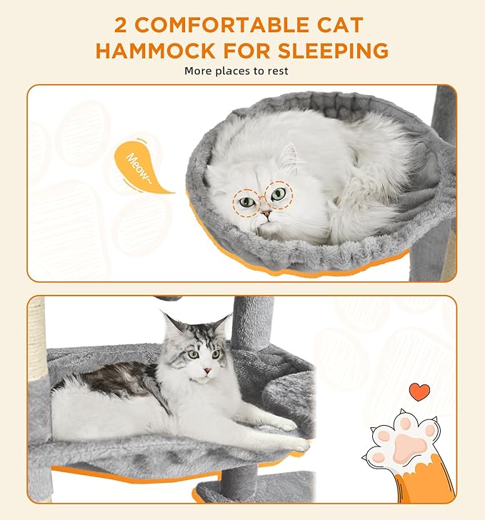 Made4Pets Tall Cat Tree, 71 Inches Cat Tree Tower for Indoor Cats Large Adult, Plush Multi-Level Cat Tower with 5 Scratching Posts, 2 Hammock, Condo and Perch, Big Cat House Indoor, Grey