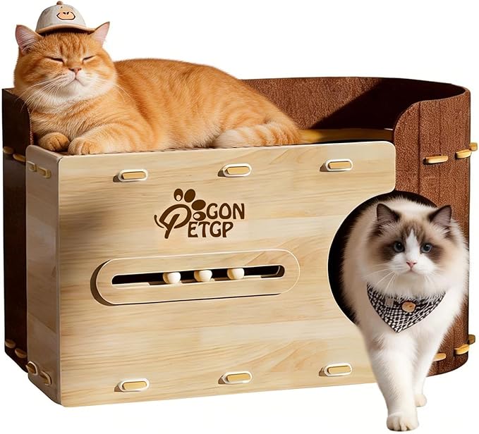 GONPETGP Large Cat Beds for Indoor Cats, Extra Wide Cat House Cave with Scratch Pad Wooden Play Ball, Foldable Felt Kittens Hideaway Condo for Multiple Small Pets