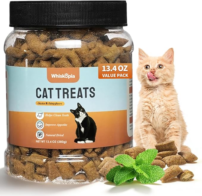 13.4 OZ Crunchy Cat Treats for Indoor Cats Classic Crunchy and Soft Kitten Snack with Real Chicken Training Biscuits for Teeth Cleaning Feline Snacks Tasty Catnip Flavor