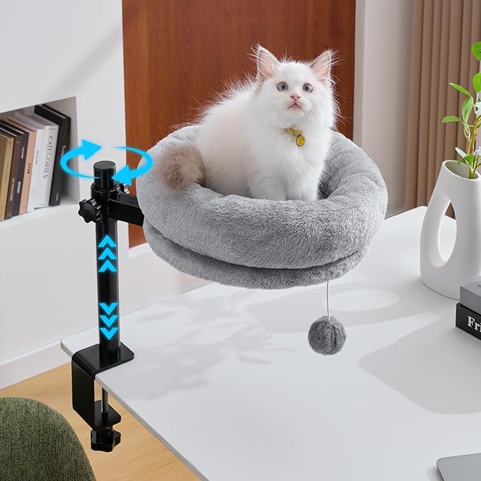 BYBYME Cat Desk Bed for Indoor Cats, Kitty Bed for Worktable Supports 44 lbs, 360° Rotation & Adjustable, Soft Cat Nest Desktop with Hanging Ball for Office Desks Home Tables, 12" in Diameter（Gray）