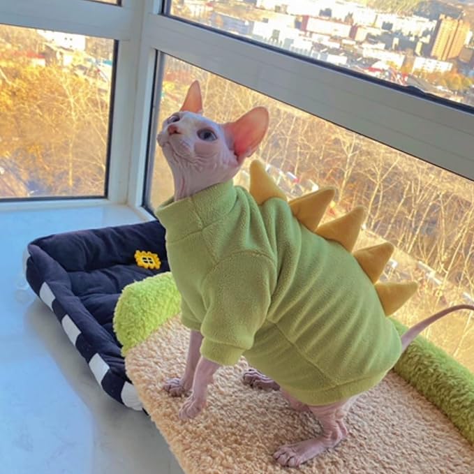 Dinosaur Sphynx Cat Clothes, Soft Polar Fleece Sweater for Cat, Elastic Pet Clothes Thick Winter Warm Outfit for Hairless Cat, Devon, Cornish, Small Dogs Apparel with Sleeves (Green, XX-Large)