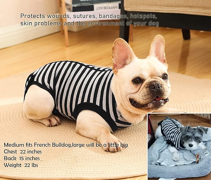 Dog Recovery Suit,Surgery Female Spay Shirt,Male Recovery Clothes,Zipper Closure Cotton Striped Wounds Protect Suit,Black Striped Large