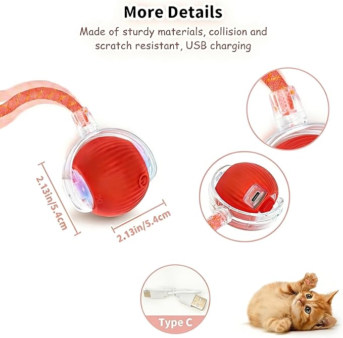 Rechargeable Smart Rolling Cat Ball, Automatic Interactive Cat Toy with 3 Modes, LED Light & 3 Replaceable Accessories, Indoor Cat Exercise Toy for Kittens & Adult Cats, for Boredom Relief Gray