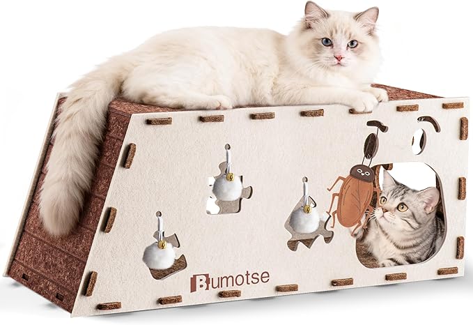 Interactive Felt Cat Tunnel for Indoor Cats with Catnip Toy, Modular Cat Cave House for Scratching, Play, Hiding & Sleeping, Durable Washable Cat Condo for Large Cats Up to 22LB,Cream