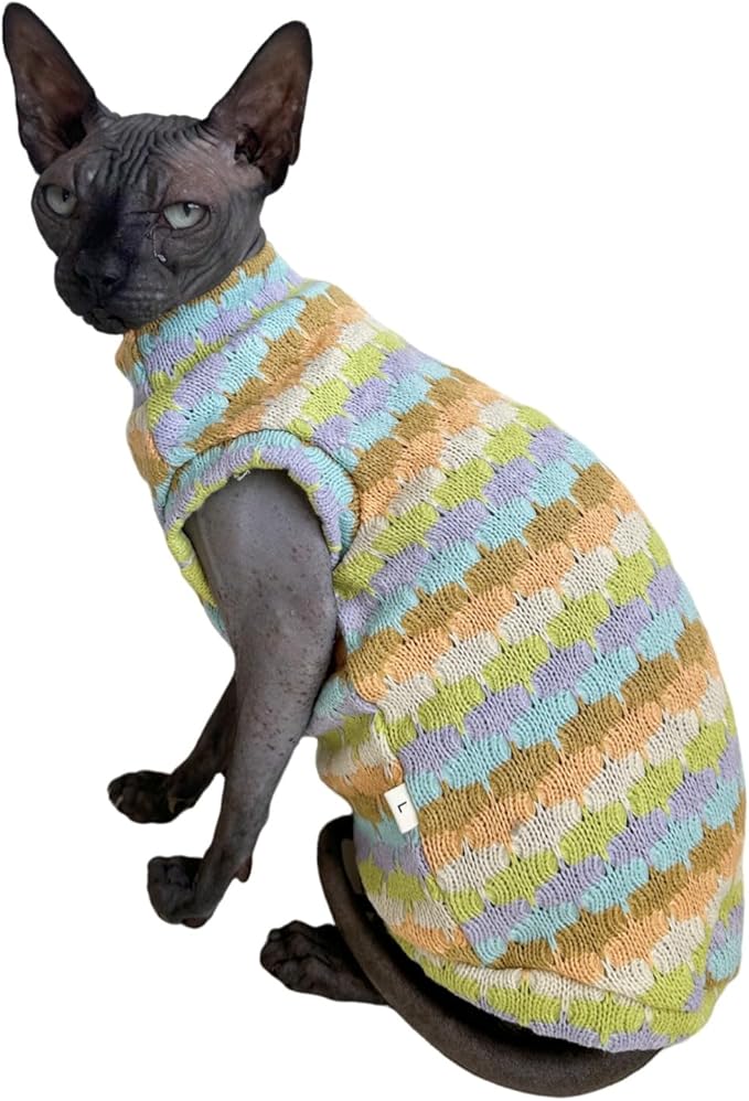 Sphynx Cat Clothes Hairless Cat Vest Elastic Cat Sweater Outfit, Pet Clothes for Sphynx Cat Coat for Cats and Small Dogs Apparel, Hairless cat Shirts Sweaters (Cyan Chestnut, X-Large)