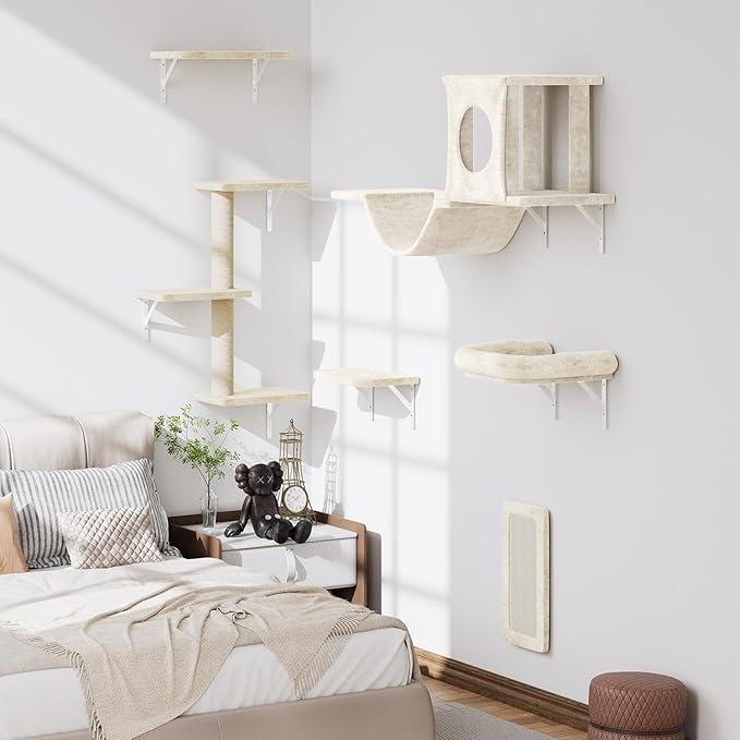 NUNU LAB Wall Mounted Cat Climber Set, 6 Pcs Cat Furniture Set with House, Bridge, Steps, Scratcher Board and Hammock, Shelves for Indoor, Luxury Walls Furniture, White