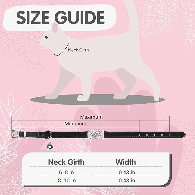 BINGPET Diamond Cat Collar,Adjustable Soft Velvet Leather Safe Kitten Collar with Crystal Heart Charm and Bells,Girl Boy Bling Stylish Cat Collars with Safety Elastic (Black, Neck Girth 8"-10"
