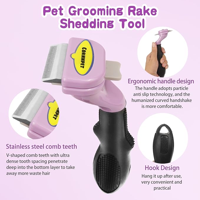 Pet Grooming Brush for Dogs and Cats, Effectively Reduces Shedding by Up to 96%, Self-Cleaning, Long or Short Hair Remover for Small Dogs & Cats(Pink)