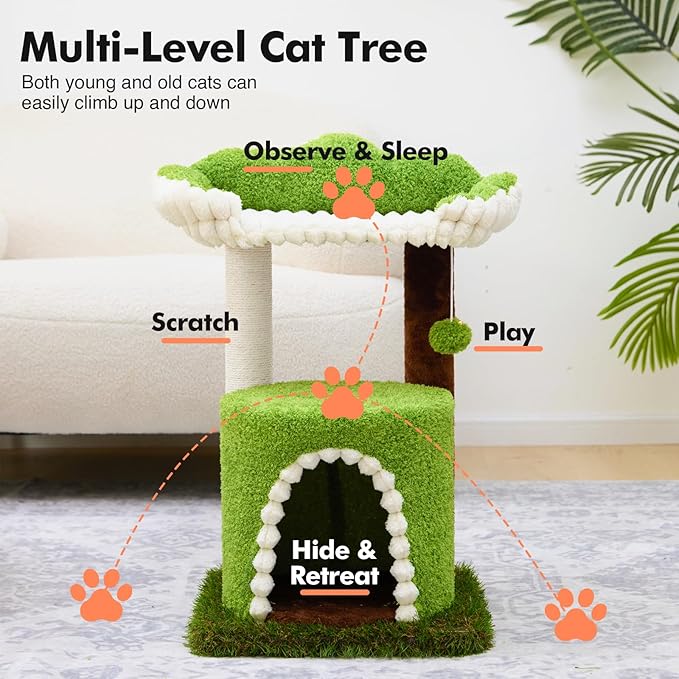 Woochpet Multi-Level Cat Tree with Sisal Scratching Post, Small Cat Tower with Cozy Condo, Soft Top Perch and Interactive Toy Mouse, Cute Forest Design Cat Furniture for Indoor Cats and Kittens