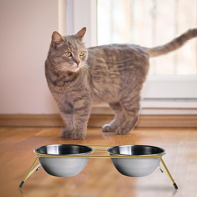 OUNONA Elevated Cat Bowl Stand Iron Feeder Bracket with Anti-Skid Base, Dual Raised Bowls for Cats and Kittens, Gold Pet Feeder Rack for Indoor Feeding and Watering
