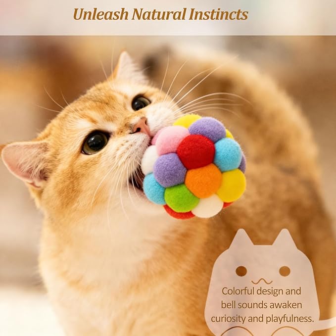 Soft Plush Cat Ball Toys with Bells Set of 4-Pack, Colorful Fuzzy Interactive Play Balls for Cats & Kittens