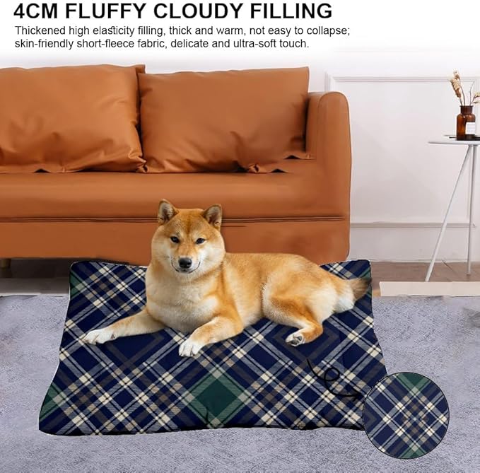 Navy Blue Plaid Pet Beds for Dogs Non Slip Bottom Non Slip Dog Bed Cozy Soft Dog Bed Mat for Car Supplies Printed Pet Gift Personalized 24× 18 Inch Indoor Outdoor