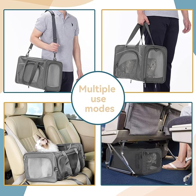 ‌Petsfit Airline Approved Pet Carrier for Small Cats, 15x8x10 TSA Approved Carrier, with Removable Dual-Sided Padding (2-Way Placement) - Fits Under Most Airplane Seats, Escape Proof (Grey)
