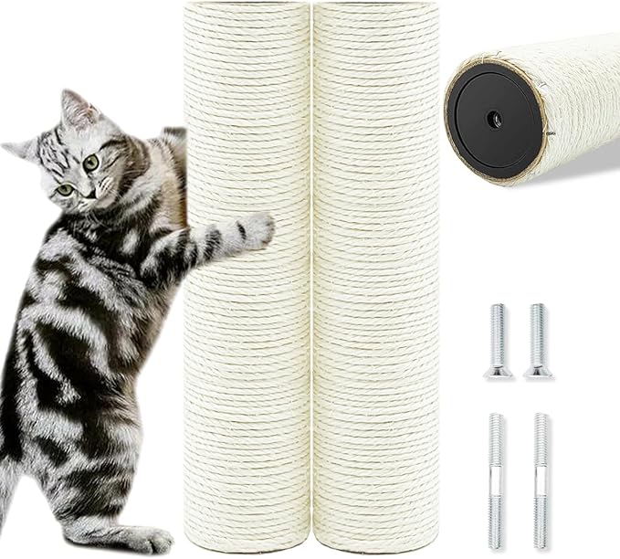 Cat Scratching Post Replacement Pole, 2 PCS 11.81in Cat Tree Replacement Post, Natural Sisal Cat Tree Replacement Parts with M8 Screws, Cat Scratch Post Replacement for Refurbishment (11.8in)