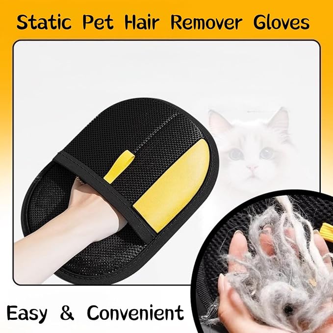 Pet Hair Remover Gloves for Dogs & Cats, Dual Directional Bristles, Electrostatic Grooming Tool for Furniture, Sofa, Bed, Car Interior, Clothes, 2 Pack, Black Yellow