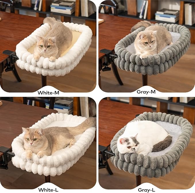 CHEERPALS Cat Desk Bed with Reversible Cushion, 90°Foldable Cat Hammock for Desk Mounted, Suitable for Medium-to-Large Cats and Puppy, Clowd Series(Grey, Large)