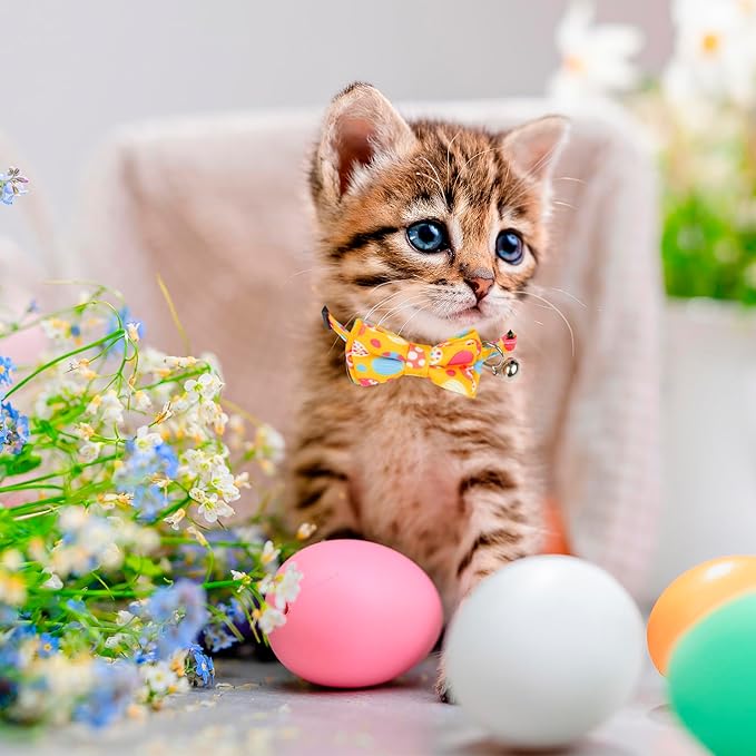 ADOGGYGO 2 Pack Easter Cat Collar with Removable Bow Tie Bell, Breakaway Carrot Pattern Easter Collars for Cat