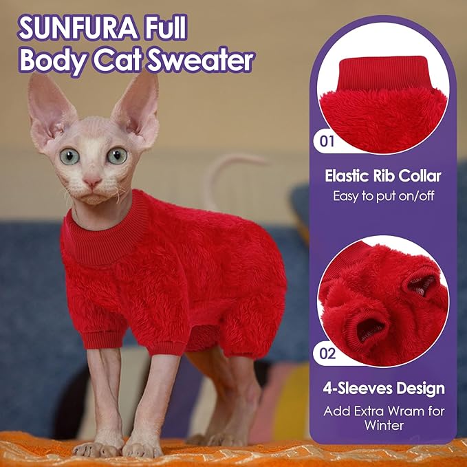 Sphynx Hairless Cat Sweater, Full Body Warm Fleece Sweaters with Sleeves for Cats, Soft Turtleneck Cat Clothes, Cozy Pullover Pajamas for Hairless Cats Devon, Donskoy & Small Dogs, Red S