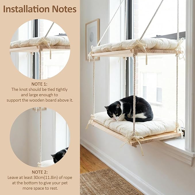 Loscarol Cat Window Perch for Large Cats, Double Layer Wooden Feline Hammock Seat with Heavy Duty Suction Cups, Easy Assembly Sill Ledge Bed for Multiple Kitties, Indoor Sunbathing Lounger