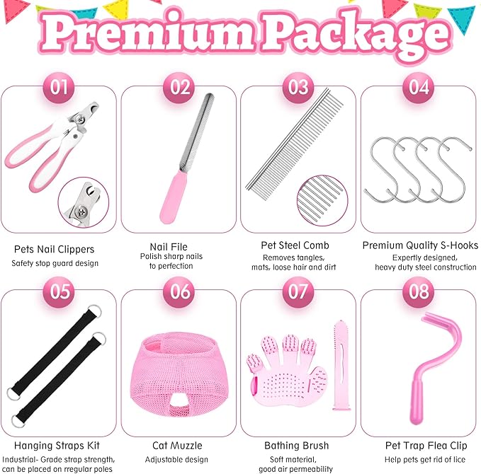 Ferraycle 14 in 1 Pet Grooming Hammock for Dogs Cats, Dog Grooming Sling, Cat Nail Trimming Kit, Restraint Bag with Clipper File for Nail Trimming Ear Cleaning Bathing Small Pets(Pink)