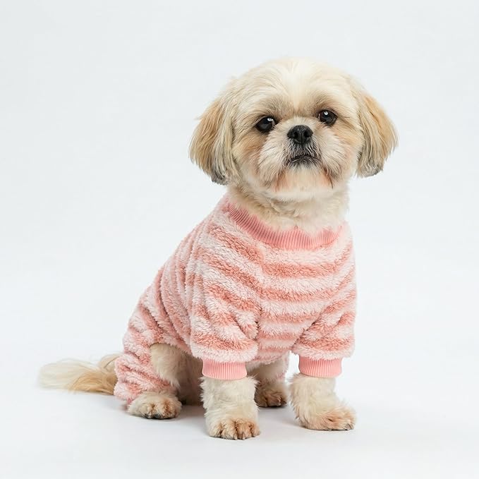 Fitwarm Fuzzy Fleece Stirped Dog Pajamas, Dog Winter Clothes for Small Dogs Girl, Cozy Dog Onesie, Pet Jumpsuit, Doggy Apparel, Pink, White, XL