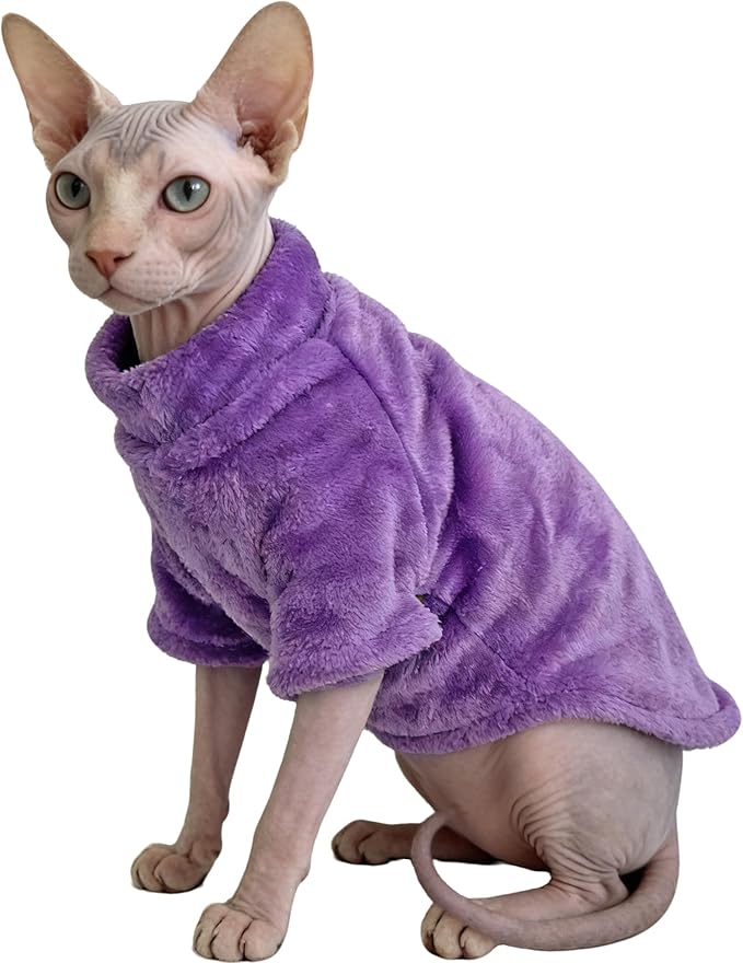 Turtleneck Sphynx Cat Clothes for Cats Only, Fleece Sphynx Hairless Cat Clothes Sweaters,Sphinx Kitten Winter Coat Outfits Apparel Costume for Cornish Rex and Devon Rex,Purple,L