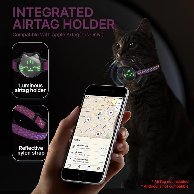 Waterproof Airtag 2nd & 1st Cat Collar, Breakaway Cat Airtag Collar with Luminous & Reflective Pattern Strap, Lightweight Kitten Collars for Apple Air tag, Hidden Holder - Cats, Kittens