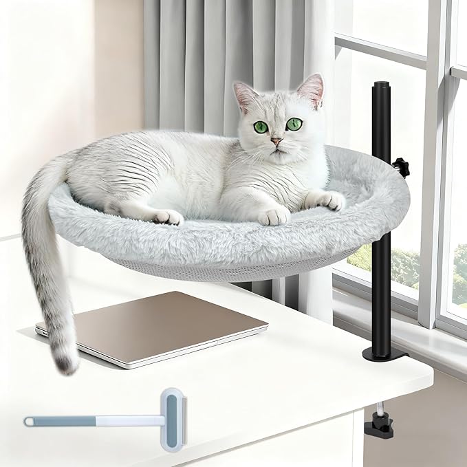 Cat Bed for Desk - Equipped with a multifunctional brush for hair removal. 360° Rotating & Height Adjustable Cat Hammock Supports Up to 50 lbs, Removable & Washable, Nest Bed Attachment Round Hammock