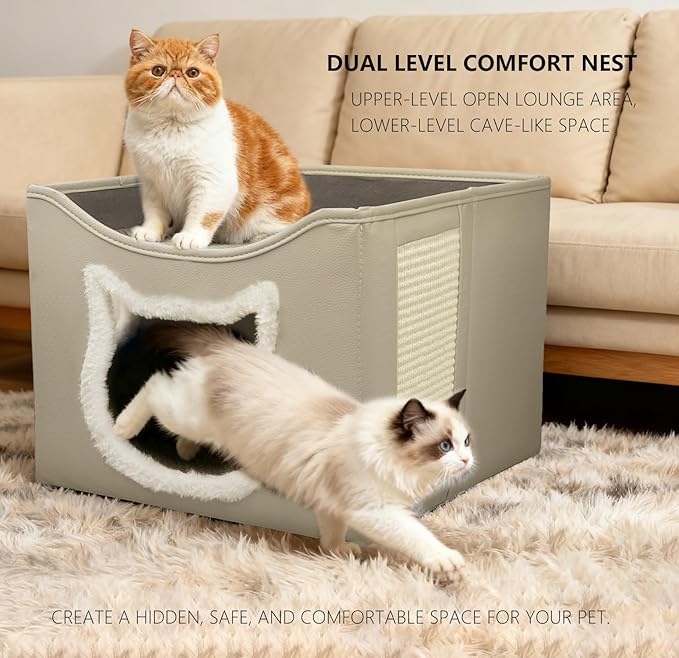 Cat Beds for Indoor Cats, Large Cat Houses with Cozy Condo,with Premium Tech Fabric& Scratch Pad, Round Window, Foldable Indoor Cat House Hold Up to 30LBS, with Reversible Cushion for Multi Small Pet