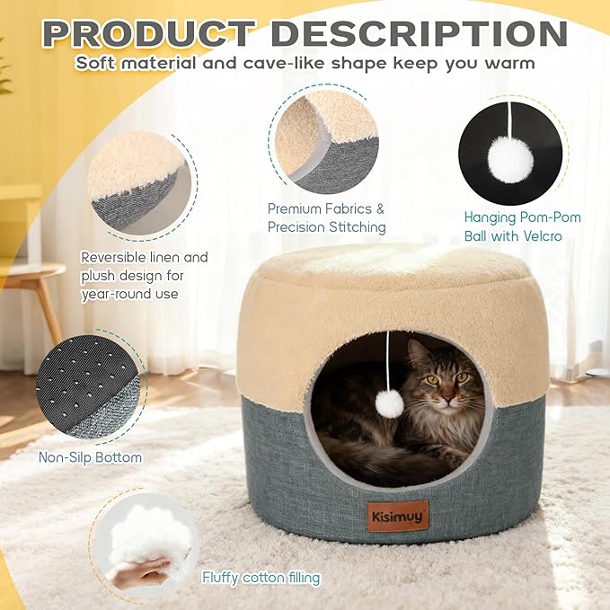 2-in-1 Cat Cave Bed & Lounger with Reversible Plush Cushion, Cat Bed for Indoor Cats, Foldable Anti-Slip Cat House - Calming Cozy Hideaway for Kitten &Small Cats with Anxiety Relief, 15.7in