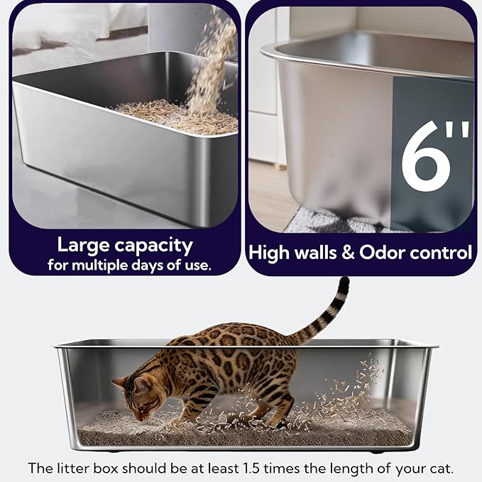 2 pack Stainless Steel Cat Litter Box with High Sides - Metal Cat Pan, Large Indoor Litter Tray, Never Absorbs Odor, Pet Toilet Supplies Smooth Surface for Kitten, Kitty, Rabbit 19.7"x13.8"x6"