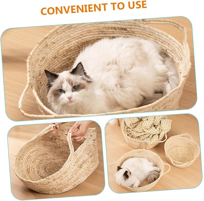 ABOOFAN Rattan Woven Cat Bed Cooling Pet Nest Medium Size for Cats to 8 Lbs Semi-Enclosed Breathable Summer Supply Indoor Pet Furniture