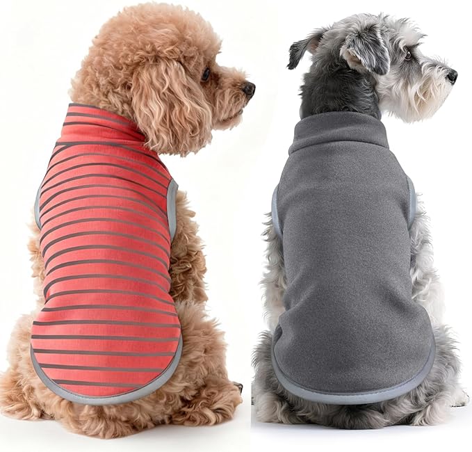 Idepet 2 Pack Striped Dog Sweater, Stretchy Dog Shirt Vest Turtleneck Pet Pullover Puppy Clothes Reflective Sweatshirt Fleece Cat Apparel (Pink Stripe + Grey, X-Large)