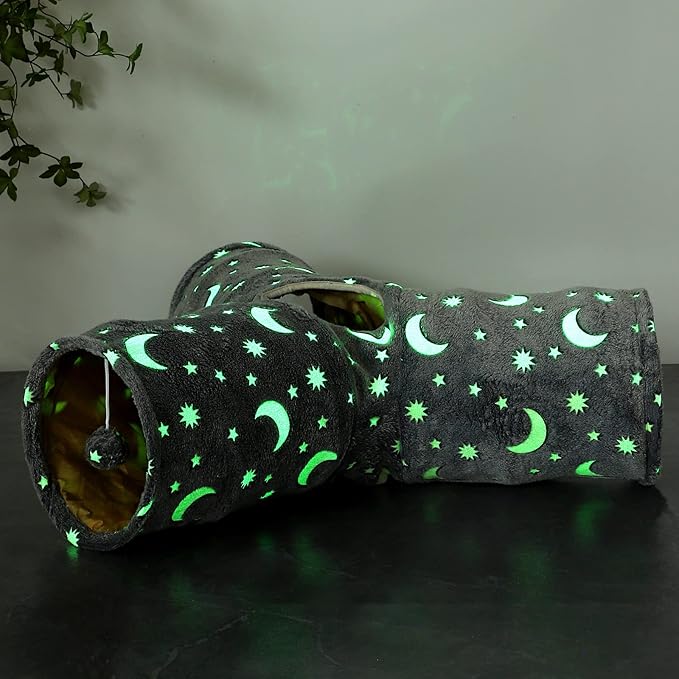 Cat Tube Tunnel with Plush Ball Toys Collapsible Self-Luminous, for Cat Small Pets Bunny Rabbits, Kittens, Ferrets,Puppy and Dogs Grey Moon Star 3 Way