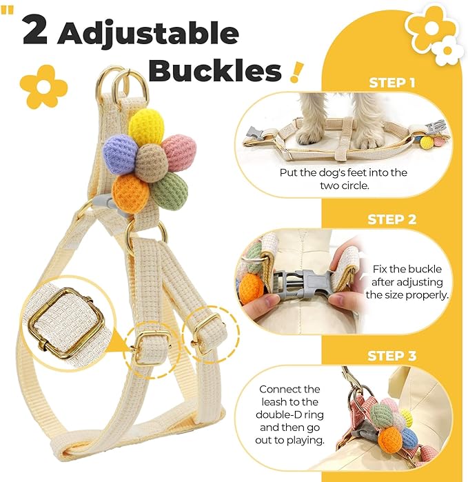 PETCARE Cute Flower Dog Harness and Bowtie Leash Set Easy Walk Puppy Dog Halter Harness for Small Dogs Girl Step in Dogs Harnesses with Buckle (White, Chest Adjustable 11"-17", Rope Width 0.59")