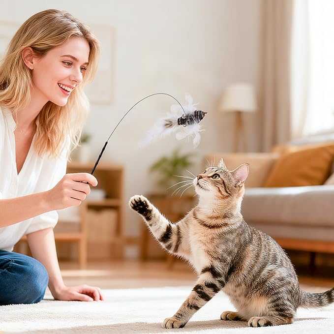 5 Pcs Interactive Cat Feather Toys, Interactive Cat Toys for Indoor Cats, Bird Simulation Cats Feathers Fishing Pole Toy Kit with Suction Base & Replacement Birds for Outdoor Indoor Kitten Playing