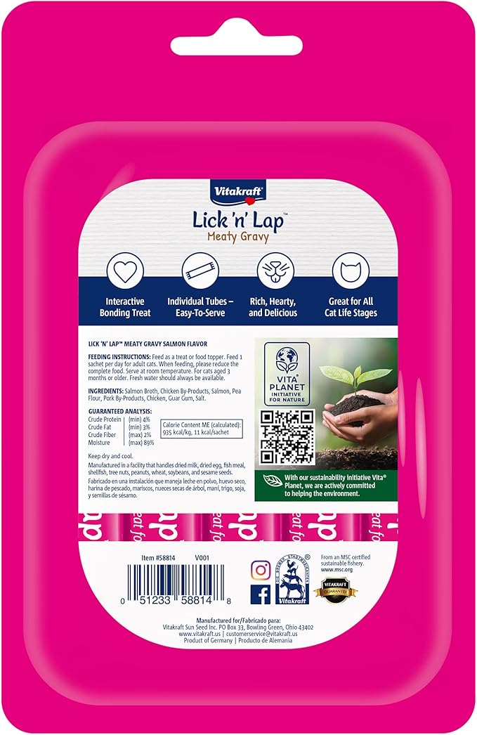 Vitakraft Lick 'n' Lap Meaty Gravy Cat - Salmon - Great for Bonding - Low Calorie Wet Cat Treat - 5 Pack