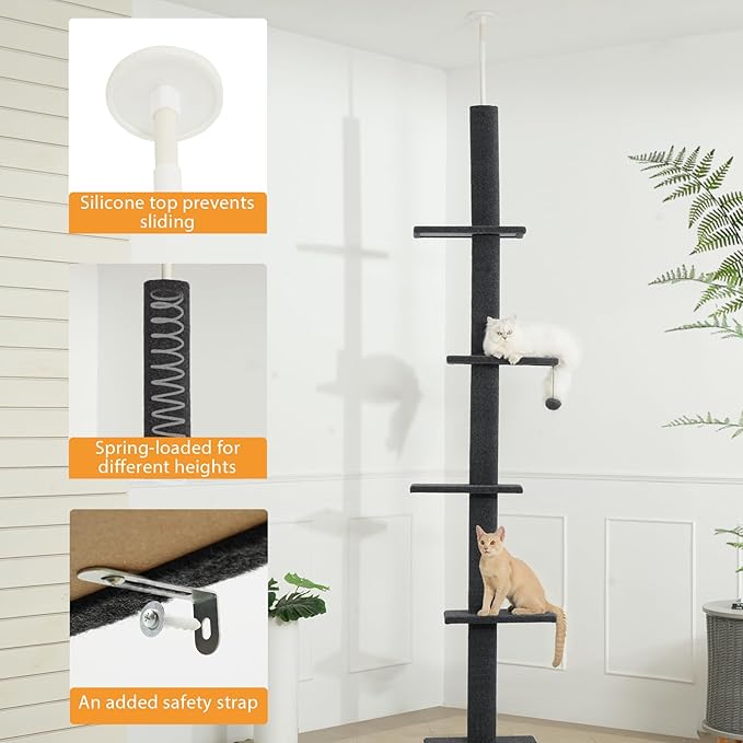 Cat Craft Floor-to-Ceiling Cat Tower, Adjustable 95-108 Inch Tall Carpet Cat Pole with Sisal Scratching Post & Mat, Stable Indoor Activity Furniture for Kitten & Adult Cats, Charcoal
