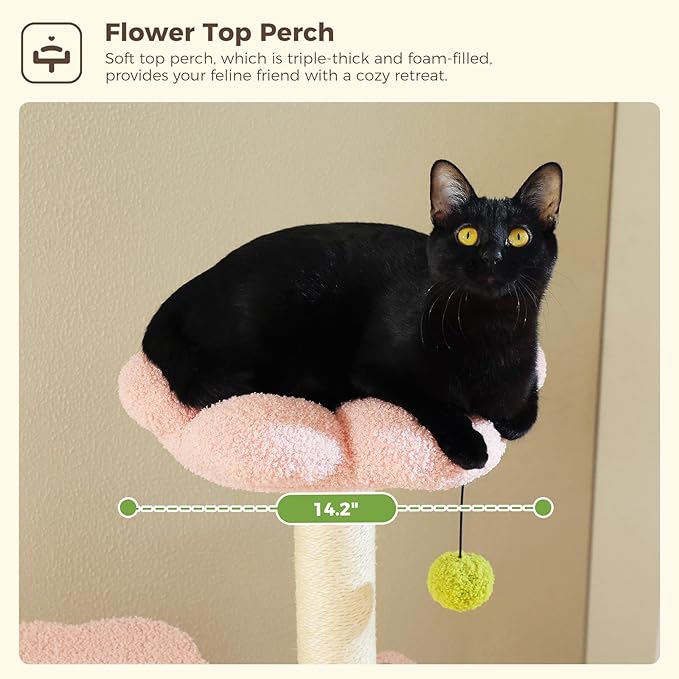 MUTTROS Flower Cat Tree, 62-Inch Tall Multi-Level Cat Tower with Scratching Posts, Cat Condos for Large Indoor Cats, Plush Cat Bed w/Padded Perches, Scratching Pad & 2 Green Pompoms, Pink