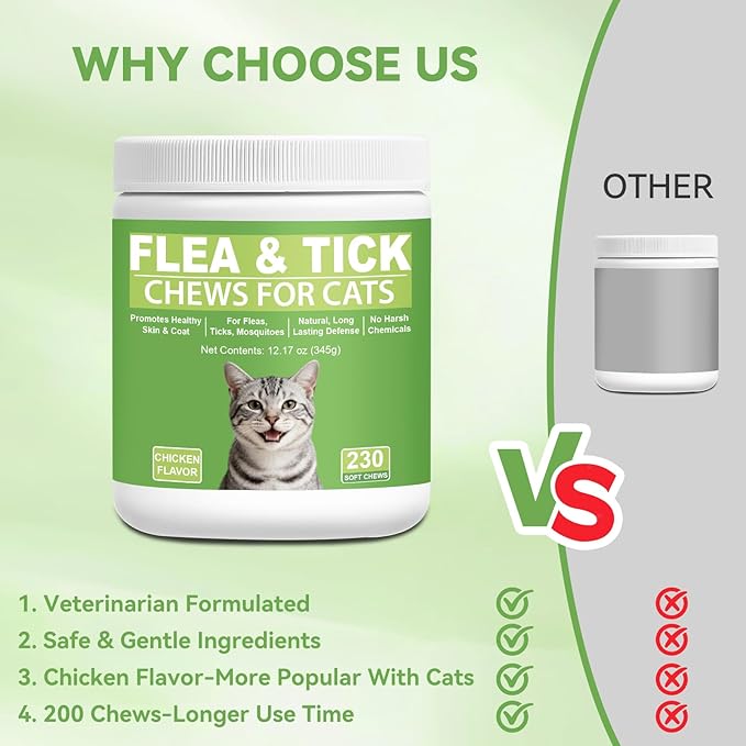 Cat Flea and Tick Chewables for Cats 230Ct, Natural Support Supplement, Flea Supplement for Cats, Flea and Tick Chews for Cats Kitten, All Breeds & Sizes, Digestive Health
