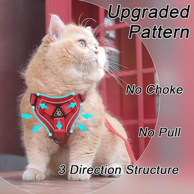 Cat Harness and Leash Set, Upgraded Escape Proof Adjustable Kitten Vest with Lead for Small Cat Outdoor Walking, Soft Breathable Mesh Jacket with Reflective Strips for Dark Night L Red2
