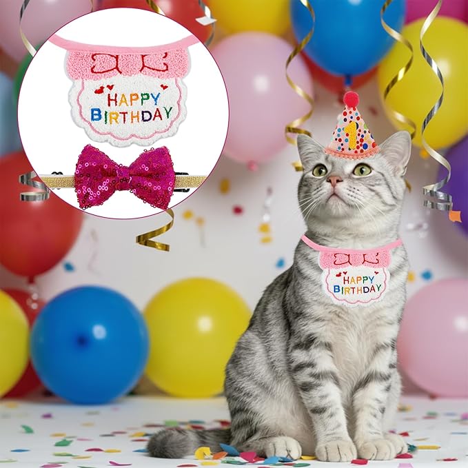 4PCS Pink Cat Birthday Party Supplies for Girls Kitten Bandana Hat Number Decorations Pet Birthday Outfit Kit