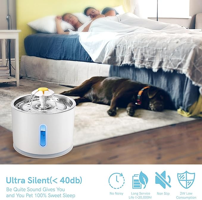 Cat Water Fountain, 81OZ/2.4 L Ultra Silent Cat Fountain with Stainless Steel Top and Water Level Window, Activated Carbon Filter, 3 Different Flow Designs, Suitable for Kittens and Dogs