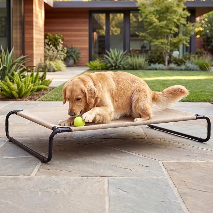 Veehoo Cooling Elevated Dog Bed, Outdoor Dog Bed for Large Dogs, Raised Dog Cot with Thickened Frame, Durable Teslin Mesh & Anti-Slip Rubber Feet, Pet Hammock for Indoor or Camping, 49" x 33", Beige