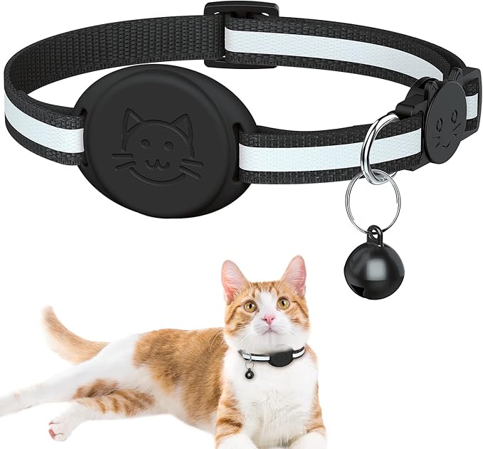 Upgrade Airtag Cat Collar, Reflective Kitten Cat Collar with Bell and Airtag Holder Compatible with Apple Airtags, Lightweight Airtag Cat Collar with Cat Pattern for Kitty Puppy