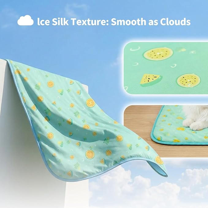 NWK Pack of 4 Pet Cooling Mat -Q-Max>0.345 Ice Silk Cooling Mat for Dogs & Cats Portable & Washable Pet Cooling Blanket, Car Seats, Beds for Summer (4pcs, Green Fruit, 20'' X 16'' X 0.3'')