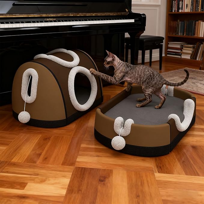 Enclosed House & Open Bed for Indoor Cats,Constant Modifiable Puss Bed with Removable Top Winter Season Double Manner Plan Revertible Pillow,Multi-Functional Pet Furniture with Scratch Pad