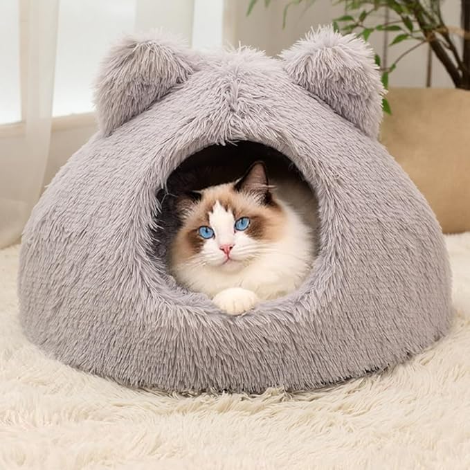 Cute Cat Bed, Plush Cat Cave Bed for Indoor Cats, Self-Warming Cave with Washable Cushion & Anti-Slip Bottom, Cozy Soft Pet Cats House for Kittens Small Dogs (Light Grey, 18.8 ×18.8 in)