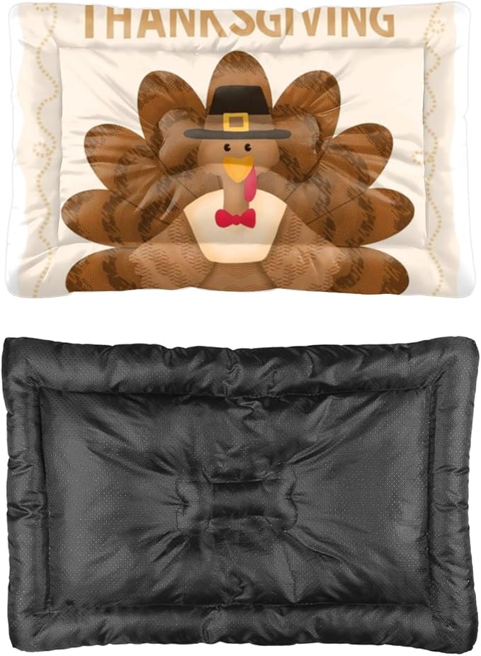 Happy Thanksgiving Turkey Cat Bed Waterproof Crate Mat Dog Mats for Crates Rectangle Dog Bed Non- Slip Bottom Furniture Covers for Pets Multi- Scenario Pet Mat Gift Printed 36× 24 Inch